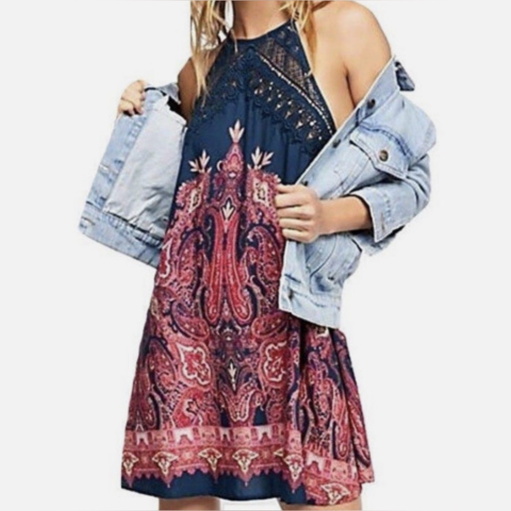 Intimately Free People Shea Printed Mini Dress Navy Blue Size Small